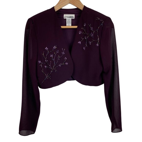 After Dark Jackets & Blazers - After Dark Maroon Cropped Bolero Jacket Sheer Sleeves Beaded Embroidery 10P